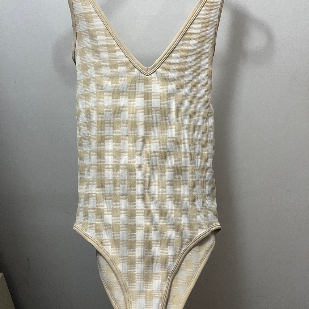 Aura Beige Checkered Bodysuit